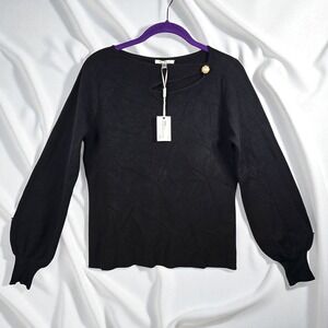 Vita Milano Knit Top Woman Small Black Cut Out‎ Pearl Detail Long Sleeve NWT
